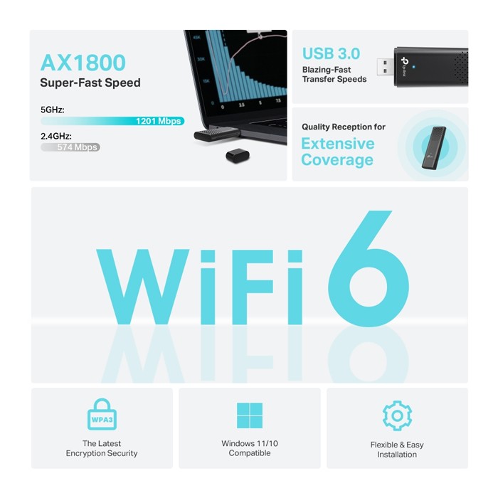 TP-Link Archer TX1800U Scheda di rete USB Wi-Fi 6 Dual Band ad alta velocità - Fino a 1201 Mbps in 5GHz + 574 