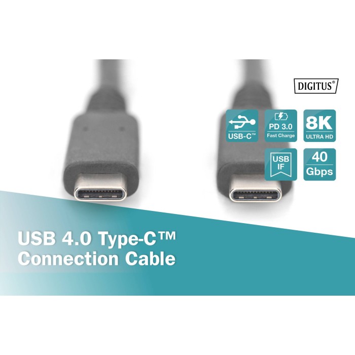 Cavo di collegamento USB 4.0, da Type-C a Type-C risoluzione max. 8K@30Hz, PD3.0, 40Gbits/s, 0,8m, DIGITUS