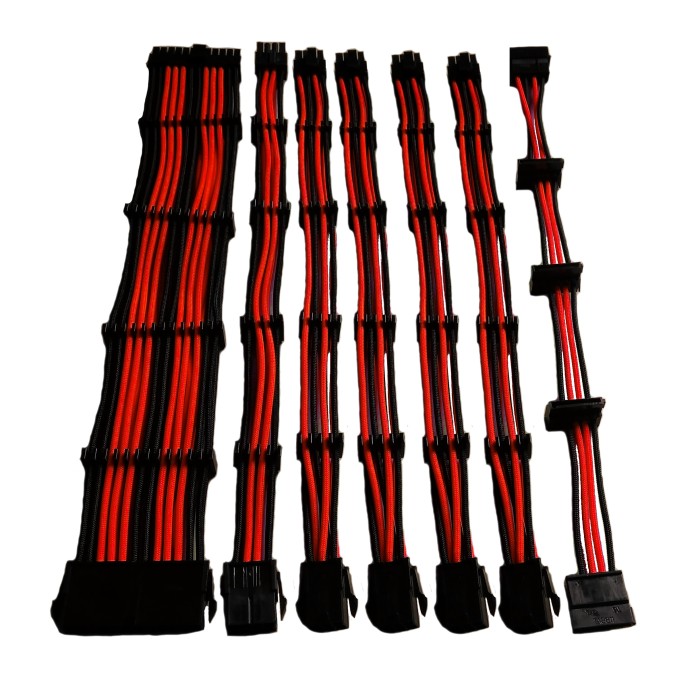 SET 7 PROLUNGHE DA 30 CM NYLON ROSSO/NERO: 24Pin, 4+4Pin, 4 x PCI-E 6+2, 4 x SATA