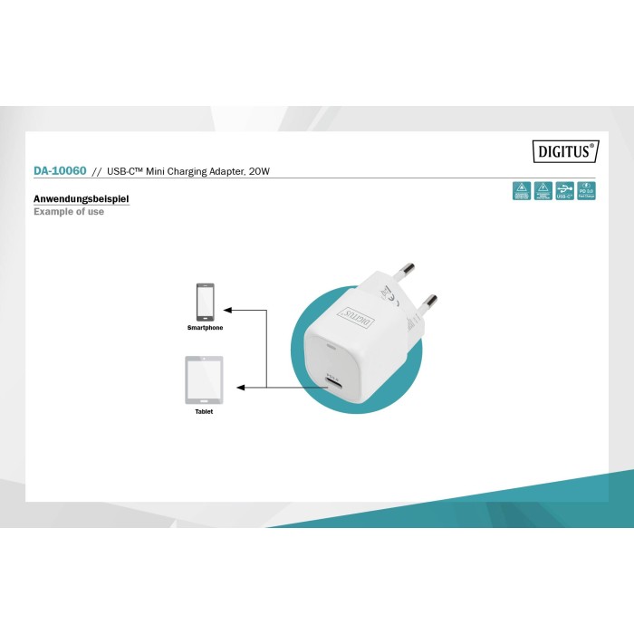 DIGITUS Mini adattatore di ricarica USB-C, 20W 20W, PD 3.0, bianco