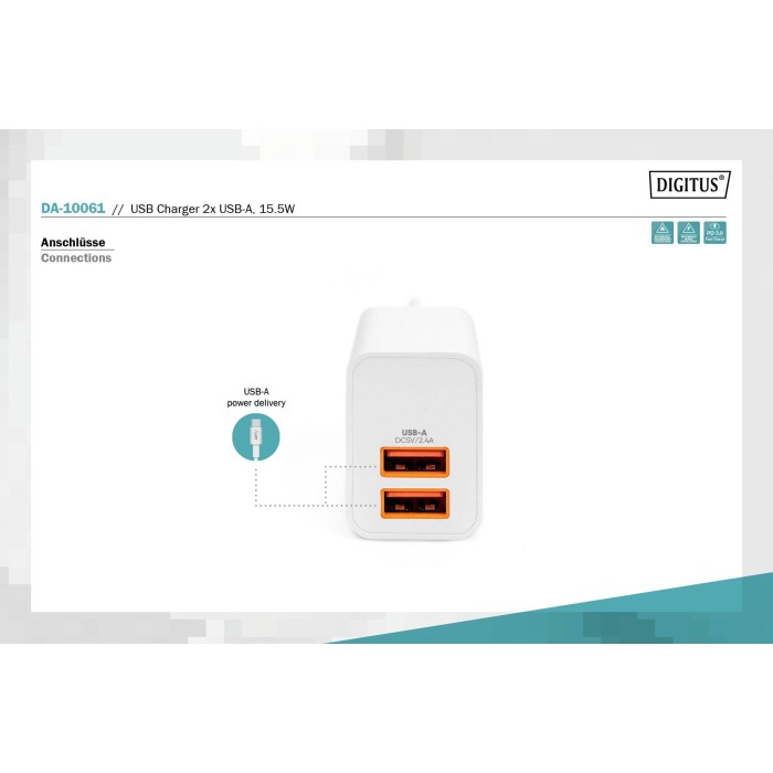 DIGITUS Caricatore USB 2x USB-A 15W, 2x 2,4A, bianco