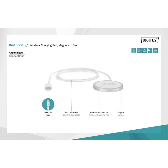 DIGITUS Pad di ricarica wireless, magnetico, 15W DIGITUS