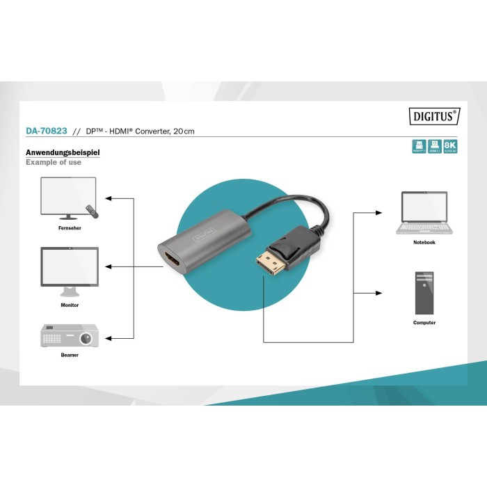 Convertitore Displayport - HDMI, 20 cm 8K/60Hz, grigio, alloggiamento in alluminio  DIGITUS