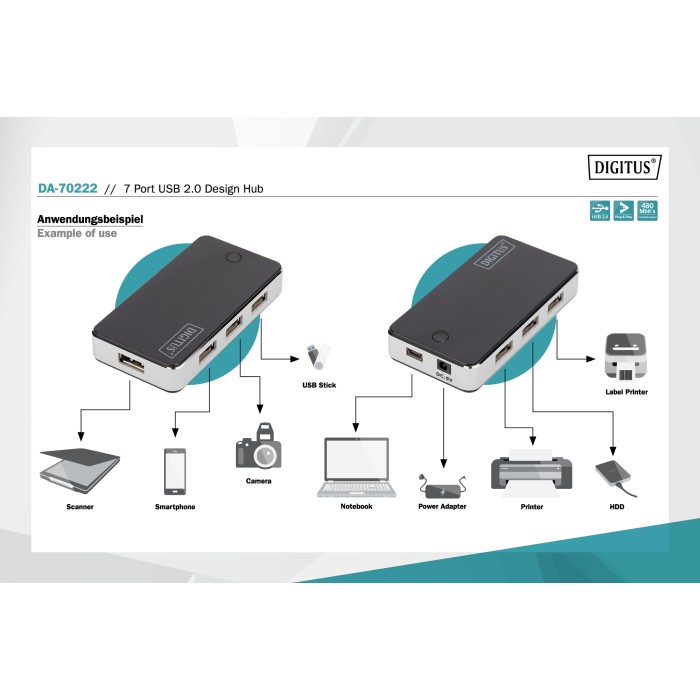 HUB CON 7 PORTE USB 2.0 CON ALIMENTATORE ESTERNO COLORE ARGENTO-NERO