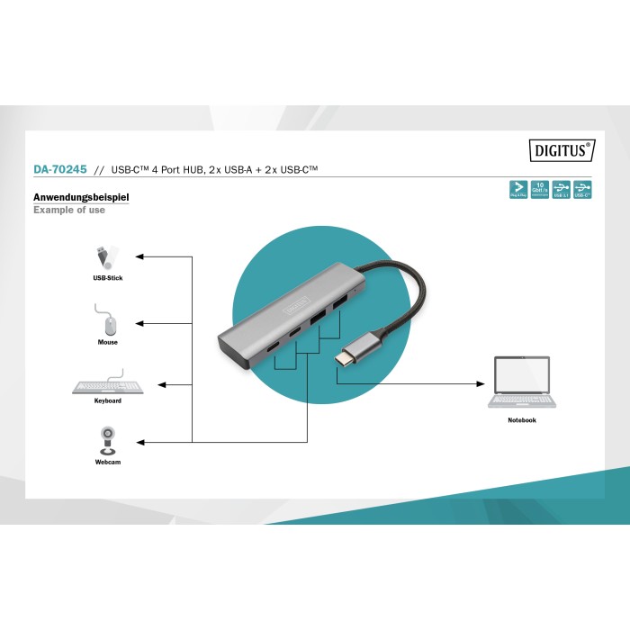 Hub USB-C 4 Porte, 2x USB A + 2x USB-C