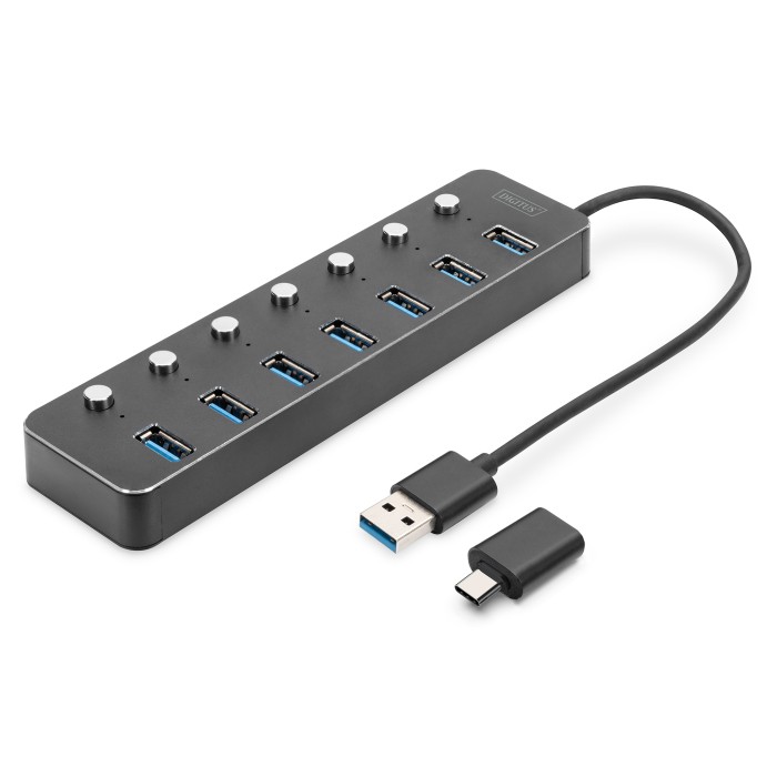 DIGITUS Hub USB 3.0, 7 porte, attivabile, alloggiamento in alluminio