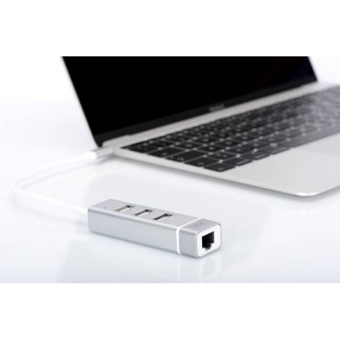 HUB CON 3 PORTE USB 2.0 TIPO A E 1 PORTA RETE RJ45, CONNETTORE MASCHIO TIPO C
