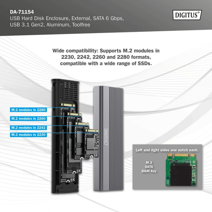 DIGITUS Alloggiamento per disco rigido USB M.2, SSD, esterno, SATA, 6Gbps, USB 3.1 Gen2, alluminio, senza attrezzi