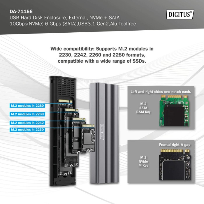 DIGITUS Alloggiamento per disco rigido USB M.2, SSD, esterno, NVMe + SATA, 10 Gbps (NVMe) 6 Gbps (SATA), USB3.1 Gen2, alluminio, senza attrezzi