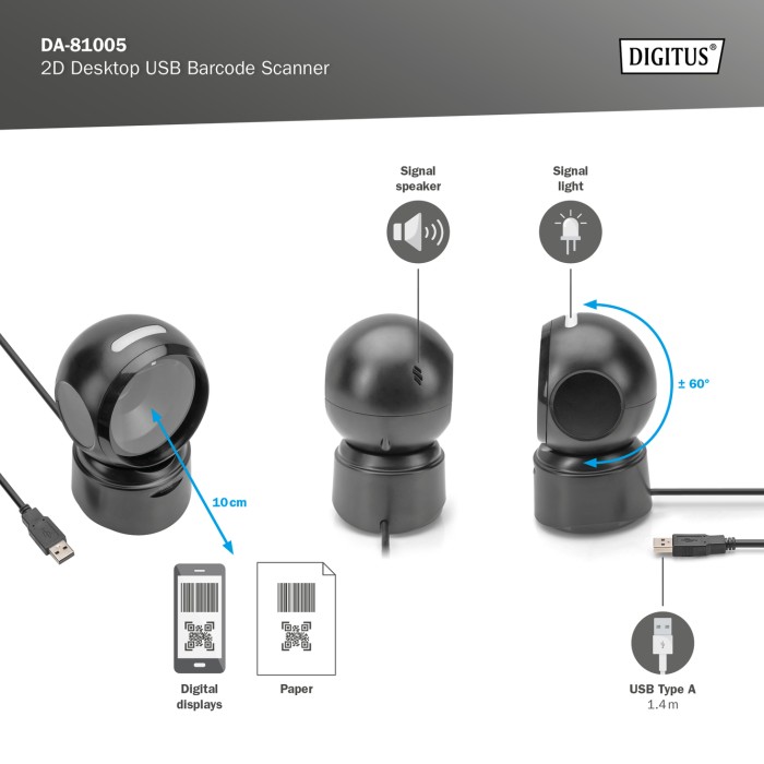 DIGITUS Scanner di codici a barre USB desktop 2D