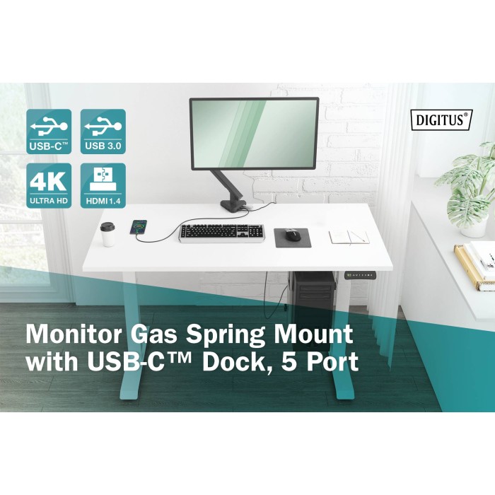 DIGITUS Supporto per monitor intelligente con docking station integrata, molla a gas e fissaggio a morsetto.