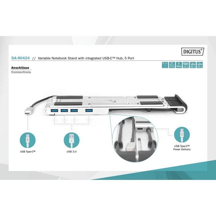 SUPPORTO NOTEBOOK REGOLABILE CON HUB USB 3.0 E USB-C 5 PORTE