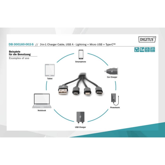 CAVO DI RICARICA 3 IN 1 USB A, Lightning + Micro USB + USB-C DIGITUS CM 15