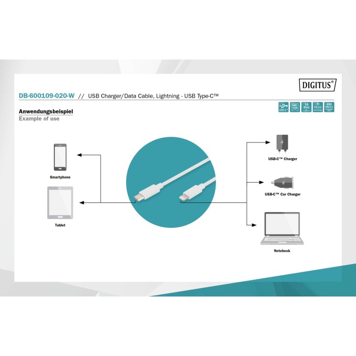 DIGITUS Cavo dati/di ricarica, Lightning-USB-C?, MFI, 1m