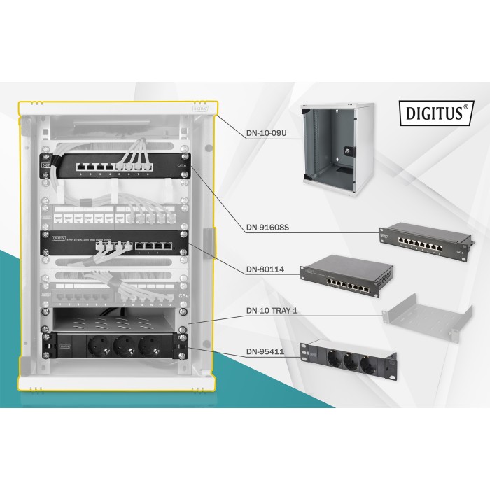 ARMADIO RACK 9 UNITA' 10 CON 1 RIPIANO, MULTIPRESA, SWITCH DI RETE 8 PORTE GIGABIT, PANNELLO PATCH 8 PORTE, 10' CAVI RETE GRIGIO DIGITUS