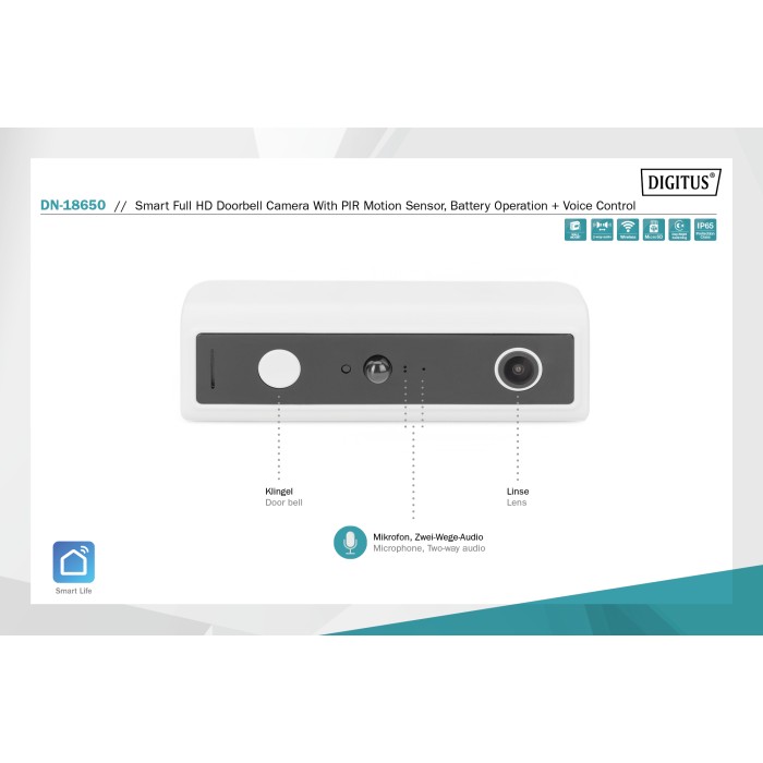 Telecamera smart Full HD per campanello con rilevatore di movimento PIR, a batteria + comando vocale Digitus