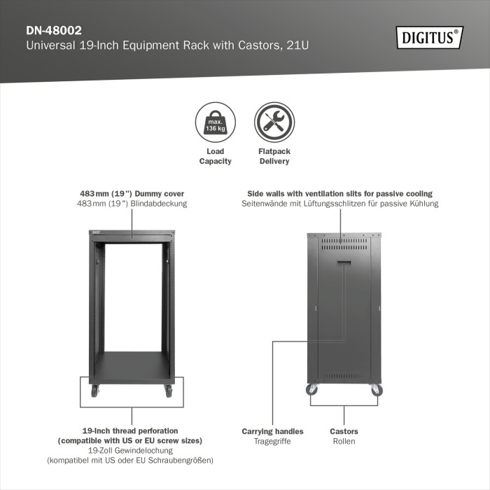 DIGITUS Rack universale per apparecchiature da 19 pollici con rotelle, 21UH