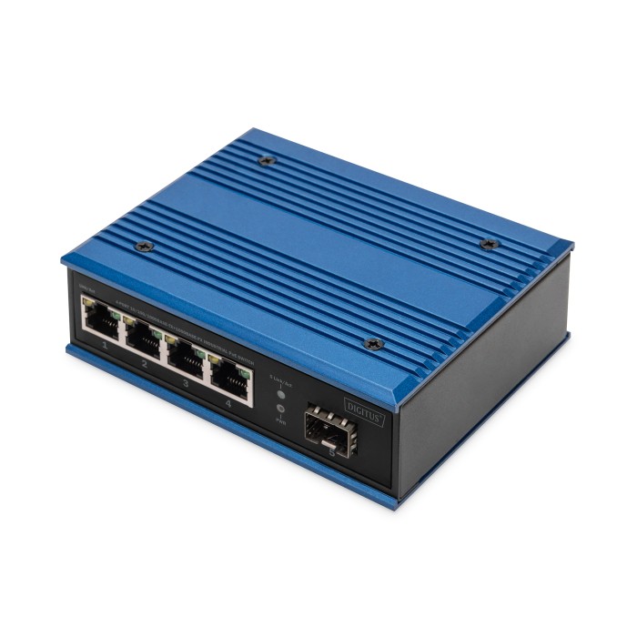 DIGITUS Switch PoE di rete Gigabit Ethernet a 4 porte, industriale, non gestito, 1 collegamento SFP