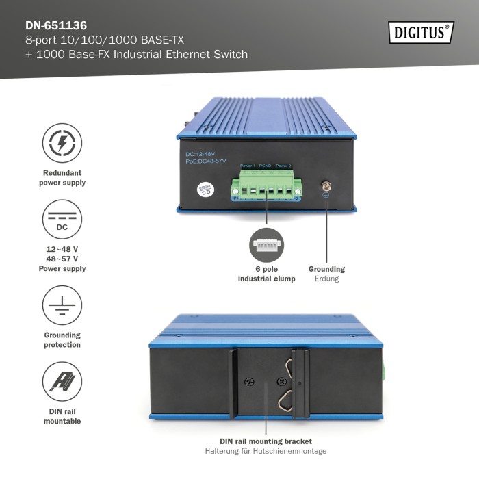 DIGITUS Switch di rete Gigabit Ethernet a 8 porte, industriale, non gestito, 1 collegamento SFP