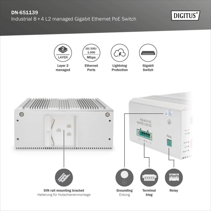 Switch PoE di rete Gigabit Ethernet a 8 porte, industriale, gestito L2, 4 Uplink SFP