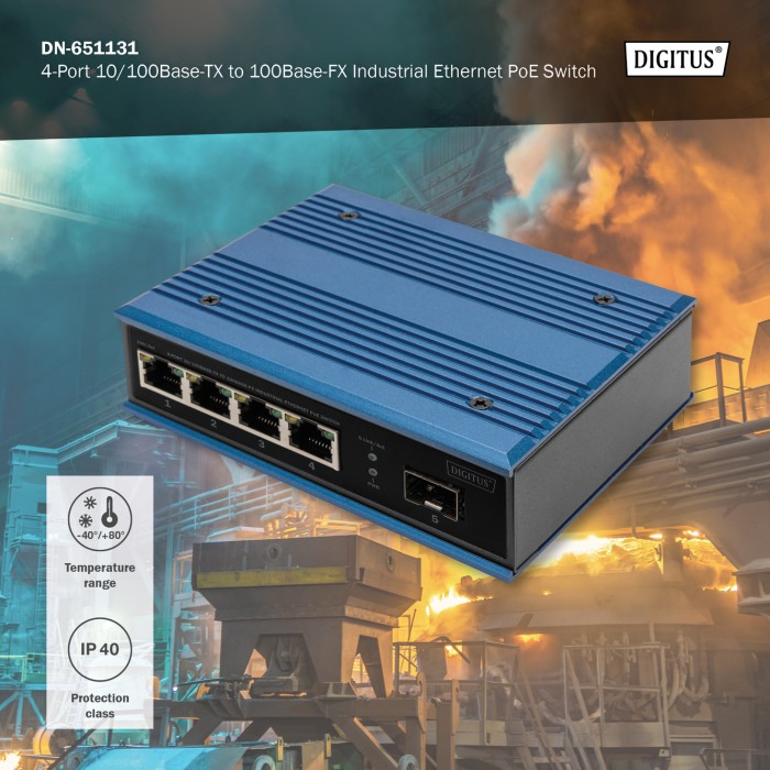 DIGITUS Switch PoE di rete Fast Ethernet a 4 porte, industriale, non gestito, 1 collegamento SFP
