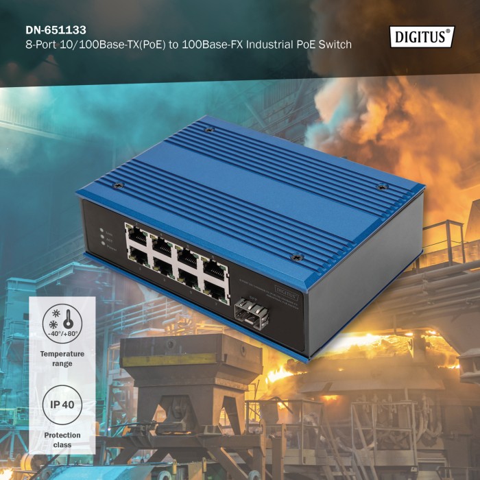 DIGITUS Switch PoE industriale da 8 porte 10/100Base-TX(PoE) a 100Base-FX