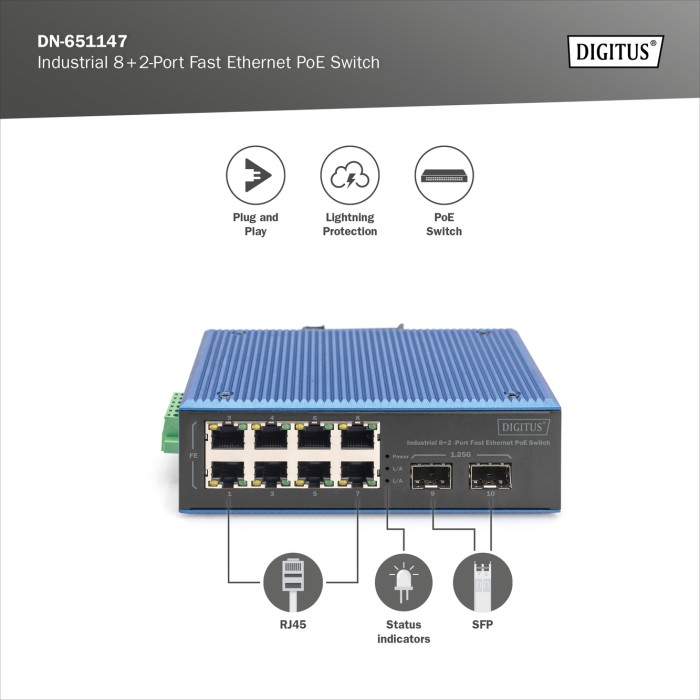 Switch Fast Ethernet PoE industriale a 8+2 porte