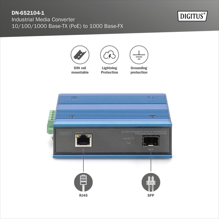 DIGITUS 10/100/1000Base-TX (PoE) a 1000Base-FX media converter industriale