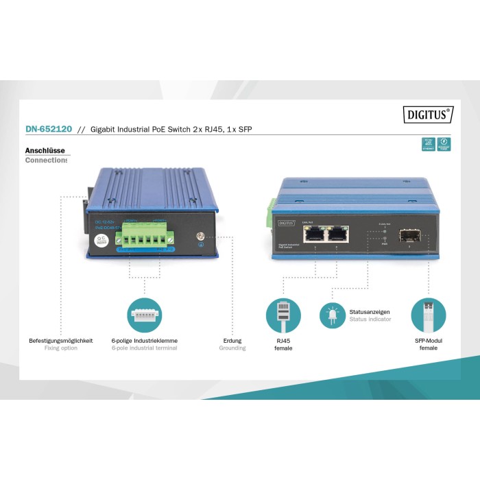 Gigabit switch Industriale PoE 2 x RJ45, 1x SFP