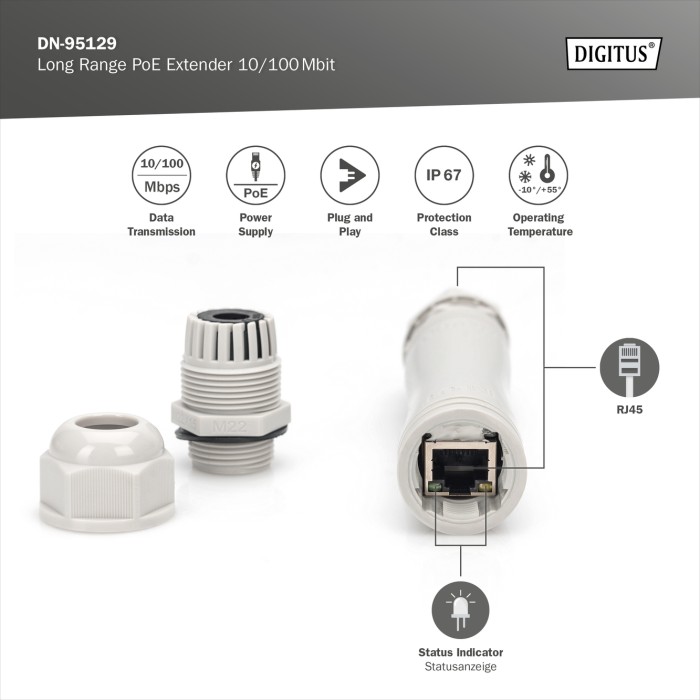 Extender PoE DIGITUS con ampia portata 10/100 Mbit