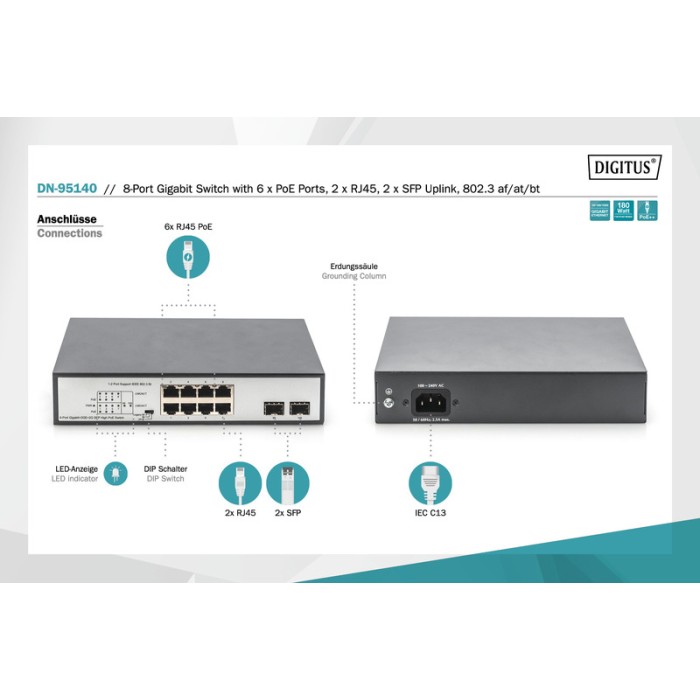 DIGITUS Switch Gigabit 8 porte con 6 x porte PoE, 2 x RJ45, 2 x SFP Uplink, 802.3 af/at/bt