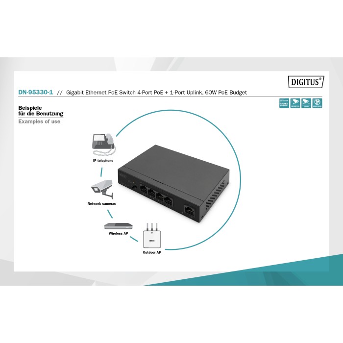 DIGITUS Switch 4 Porte Gigabit PoE Unmanaged, 1 Uplink