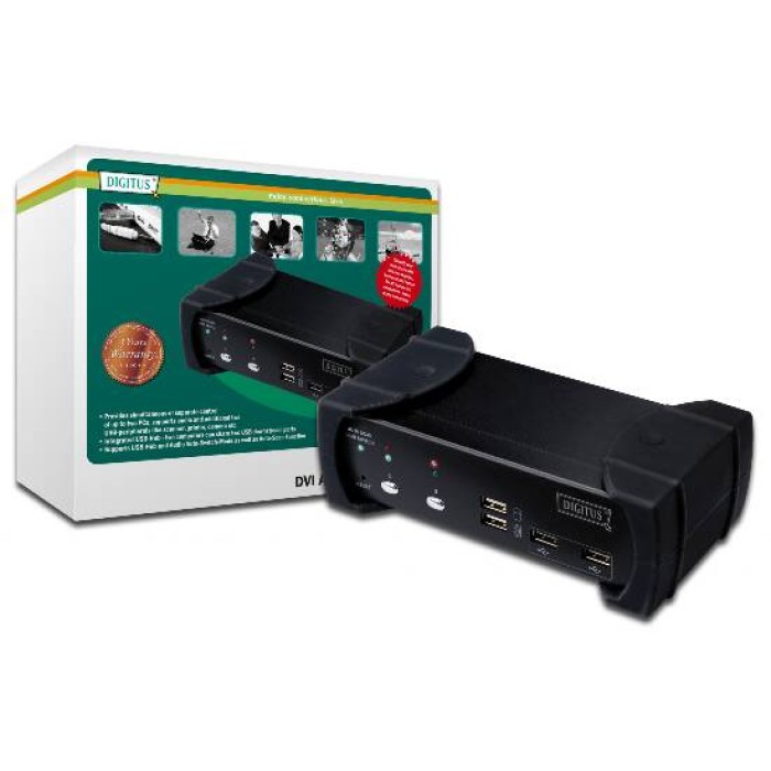 DATA SWITCH PER 2 PC USB/DVI CON 1 UTENTE CON MONITOR DVI, MOUSE E TASTIERA USB, CONDIVISIONE AUDIO, HUB 2 PORTE USB 2.0 E 2 SET CAVI INCLUSI