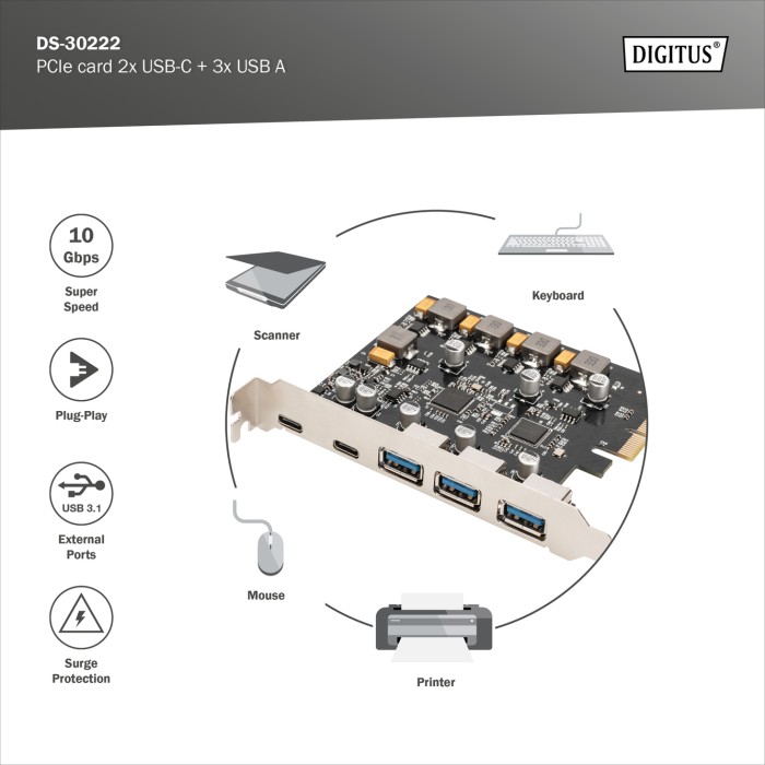 DIGITUS Scheda PCIe 2 USB-C + 3 USB A