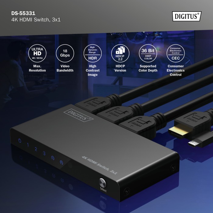 Switch HDMI 3x1, 4K/60Hz HDCP 2.3