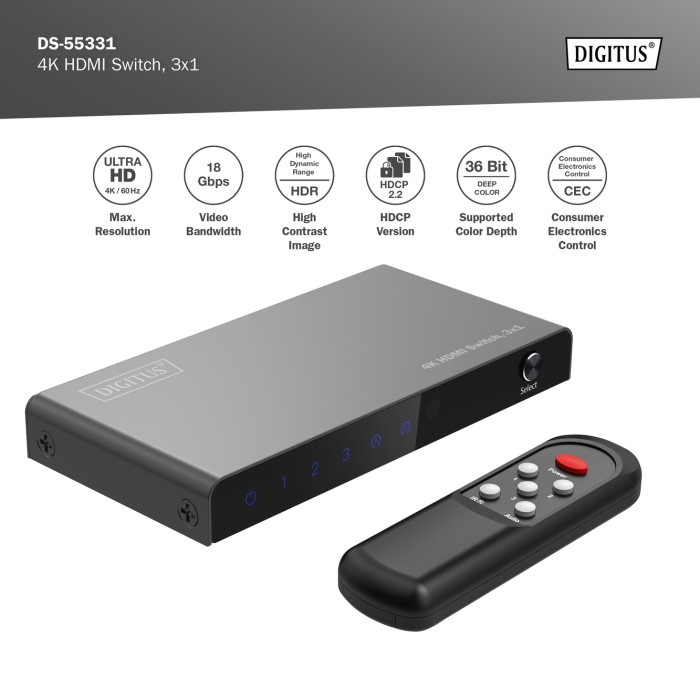 Switch HDMI 3x1, 4K/60Hz HDCP 2.3