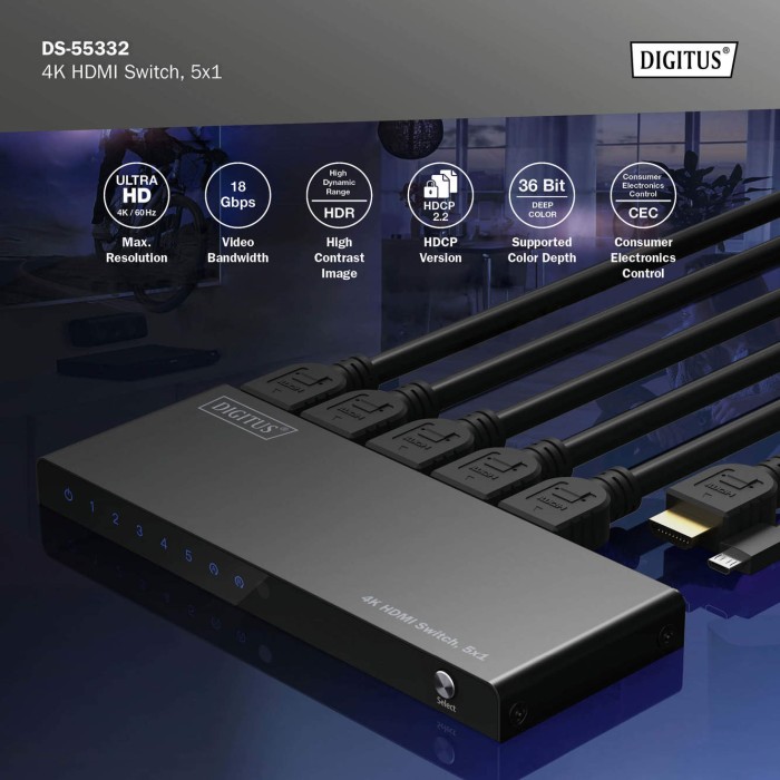 SWITCH HDMI 5x1 4K/60Hz HDCP 2.2