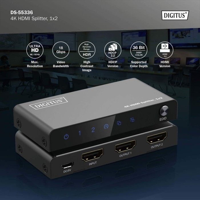 SPLITTER HDMI 1x2 4K/60Hz HDCP 2.2, EDID Control