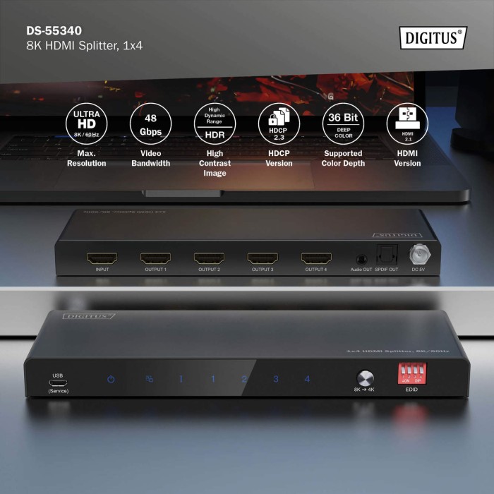 SPLITTER HDMI 1x4 8K/60Hz (4:4:4), Toslink, Stereo, EDID Control