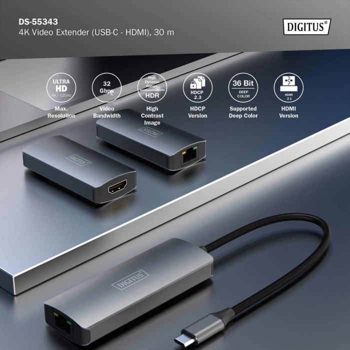 Estensore Video USB-C - HDMI, 4K/120Hz CAT6, 30 m
