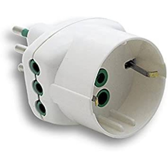 ADATTATORE TRIPLO CON SPINA ITALIANA TRIPOLARE 10A, 2 PRESE TRIPOLARI ITALIANE 10A E 1 PRESA TRIPOLARE ITALIANA/SCHUKO 10A