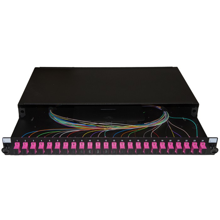 PANNELLO FIBRA OTTICA 19' CON 24 ADATTATORI SC SIMPLEX OM4 PROFONDITA' 250 MM CON PIGTAIL INSTALLATI COLORE NERO