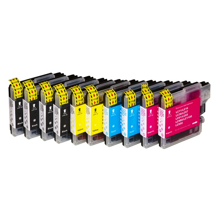 CONFEZIONE 10 CARTUCCE COMPATIBILI  PER USO SU BROTHER LC-980/LC1100BK/C/M/Y 4 NERE + 2 PER COLORE