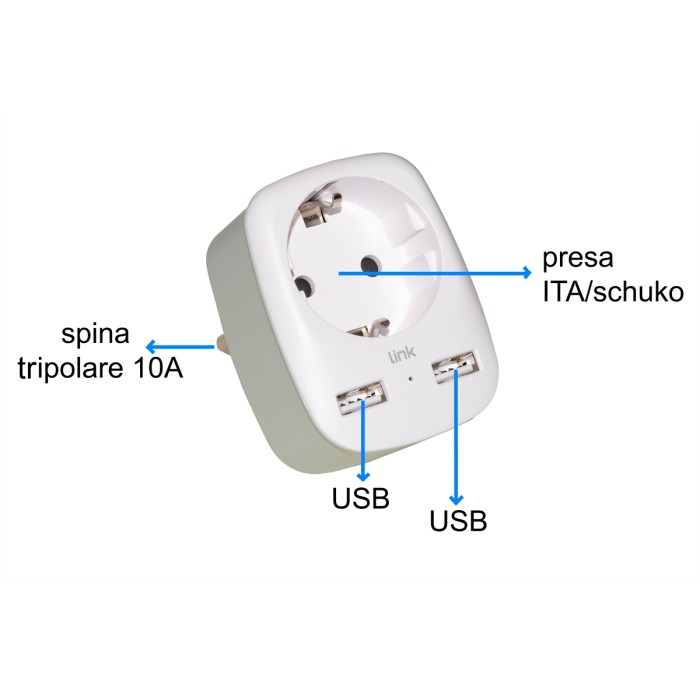 ADATTATORE MULTIPRESA DA MURO SPINA ITALIANA 10A CON 2 PORTE USB E UNA PRESA 2 POLI