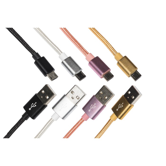 KIT 4 CAVI MICRO USB MT 1 GUAINA INTRECCIATA NYLON FINO A 2 AMPERE COLORE BIANCO, NERO, ROSA, ORO