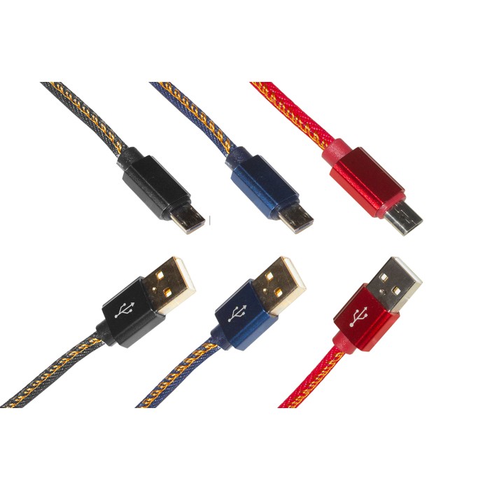 KIT 3 CAVI PIATTI MICRO USB GUAINA JEANS MT 1 FINO A 2 AMPERE COLORI ROSSO, NERO, BLU DENIM