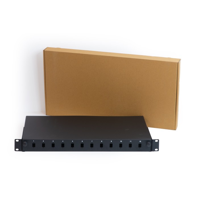 CASSETTO FIBRA OTTICA 12 PORTE PER ADATTATORI LC DUPLEX E SC SIMPLEX 1 UNITA' PER INSTALLAZIONE 19' NERO (VUOTO)