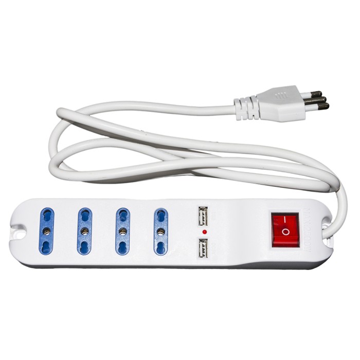 MULTIPRESA 4 PRESE UNIVERSALI ITA 10/16 A - SPINA 16 A CON INTERRUTTORE CON 2 PRESE USB