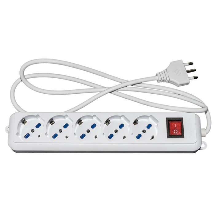 MULTIPRESA 5 PRESE UNIVERSALI ITA/SCHUKO 10/16 A - SPINA 16 A CON INTERRUTTORE BIANCA CON PROTEZIONE CONTRO SOVRACCARICHI