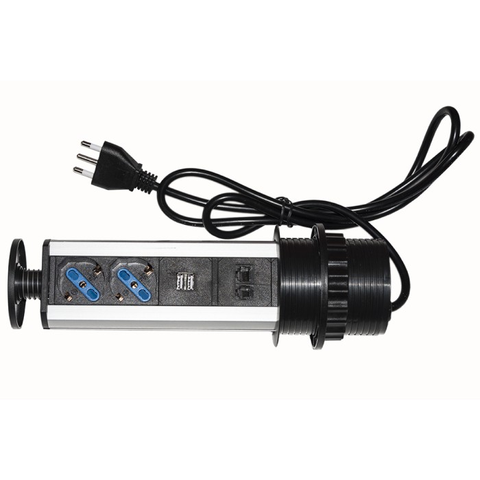 MULTIPRESA DA TAVOLO A SCOMPARSA CON 2 PRESE 16A FEMMINA ITA/SCHUKO, 1 RJ45, 1 RJ11, 2 USB